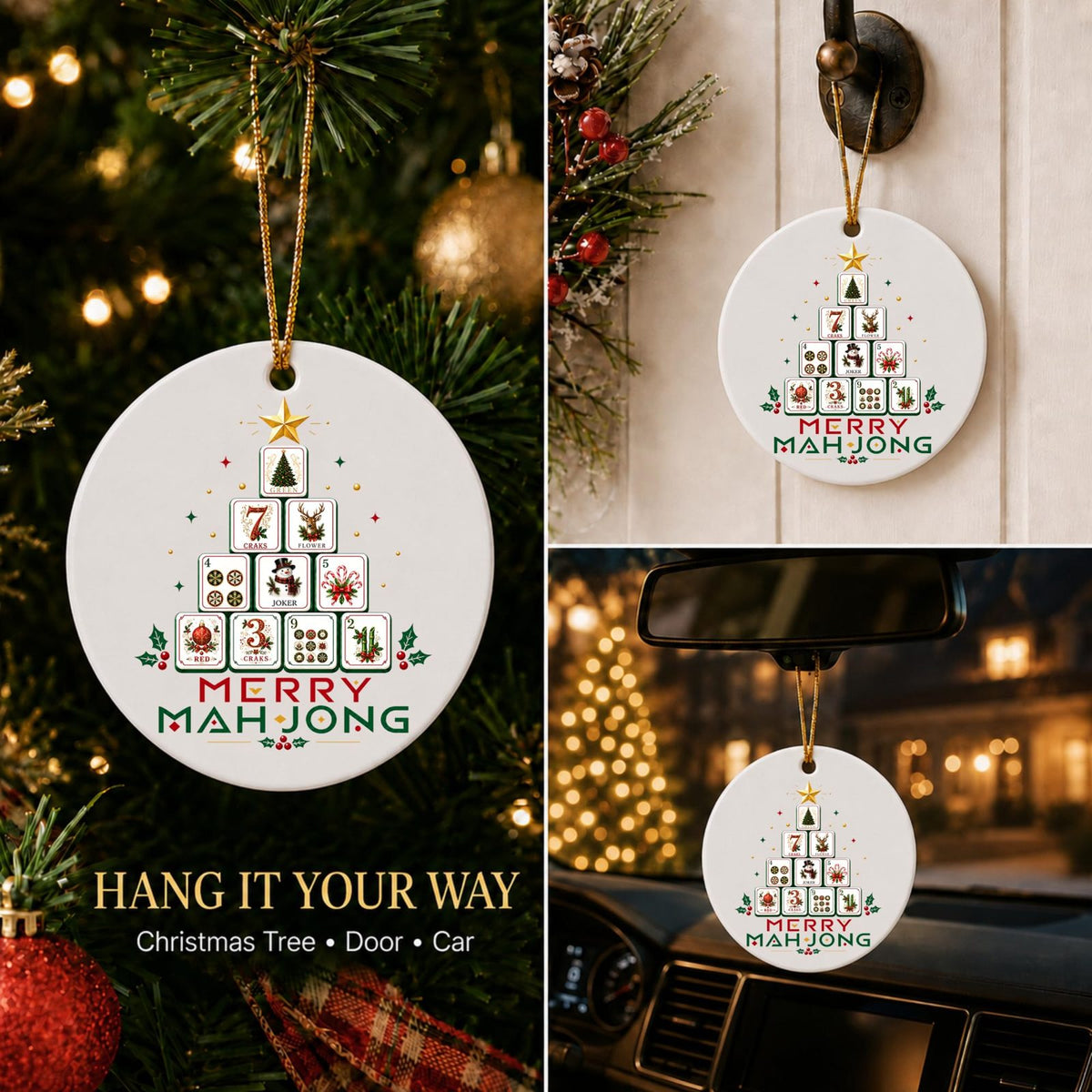 Merry Mahjong Christmas Tree Ornament, Mahjong Tile Tree Ceramic Keepsake, view 4
