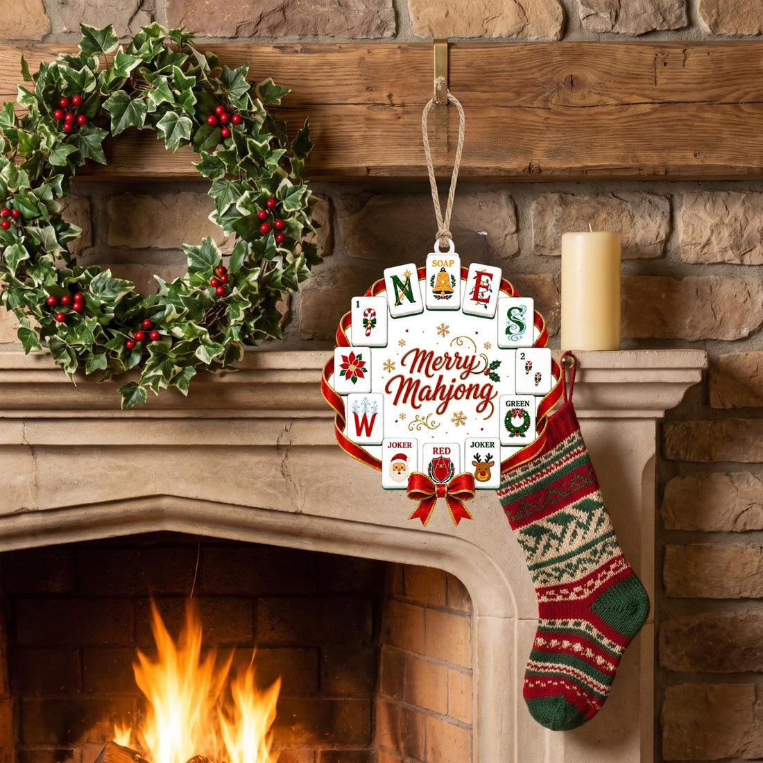 Large wreath-shaped acrylic ornament with mahjong wind tiles, Santa and reindeer jokers and a red bow around the words Merry Mahjong