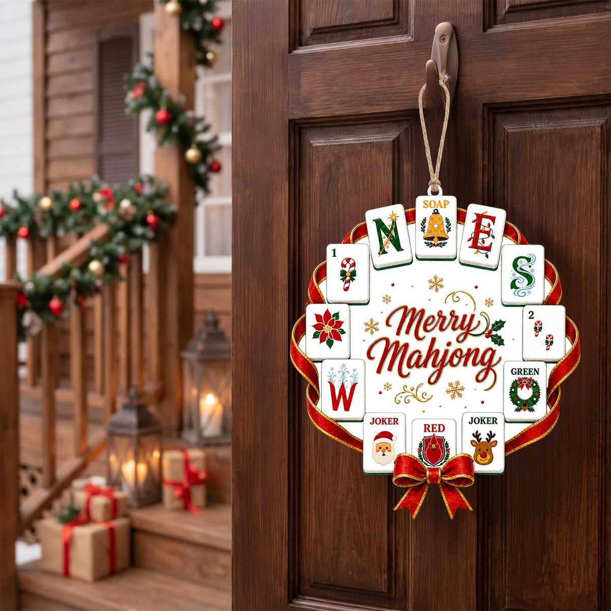 Large Merry Mahjong Ornament, 8 Inch Acrylic Wreath for Tree, Mantel or Door, view 3