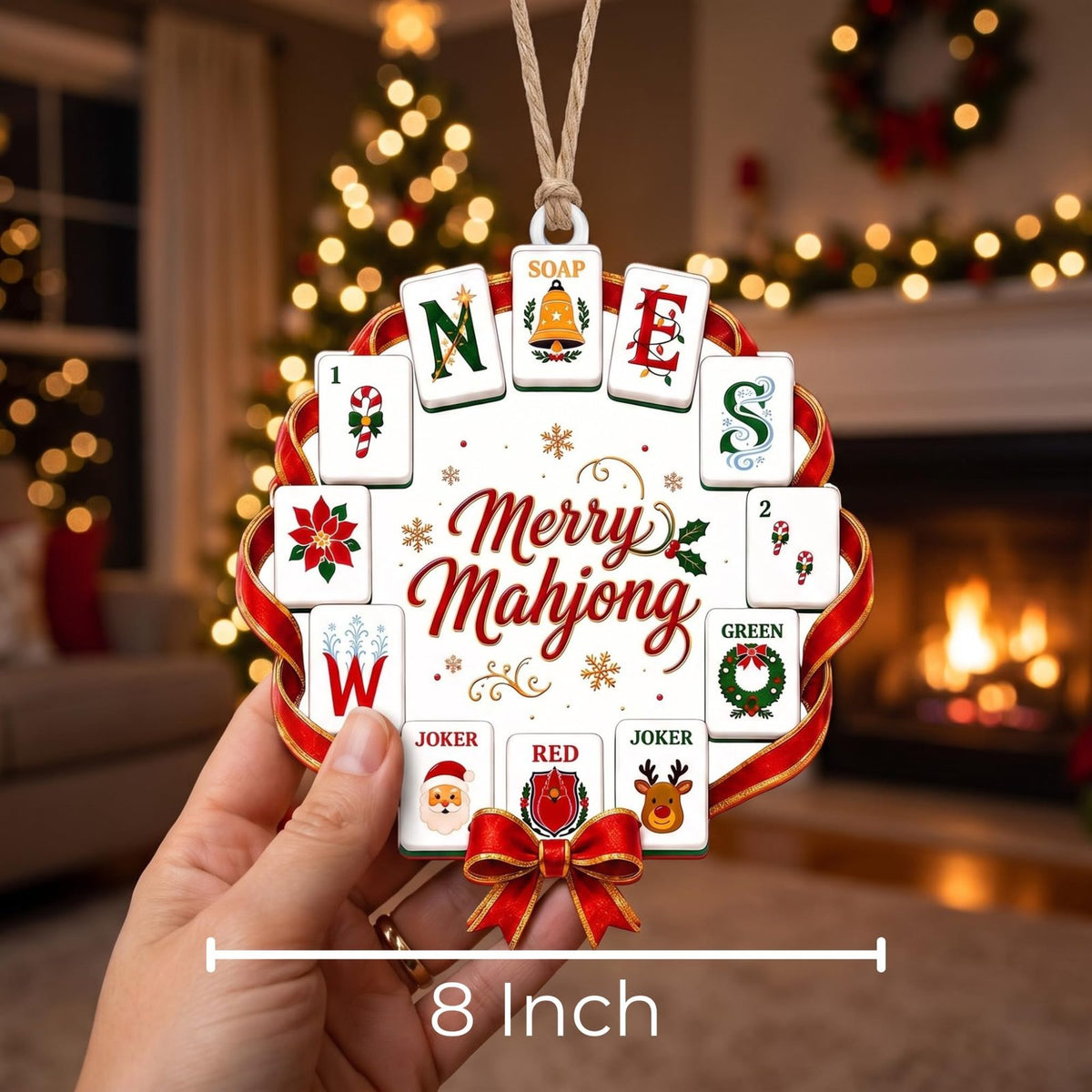 Large Merry Mahjong Ornament, 8 Inch Acrylic Wreath for Tree, Mantel or Door, view 5
