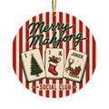 Round acrylic ornament with red and cream stripes, three mahjong tiles and the words Merry Mahjong Social Club