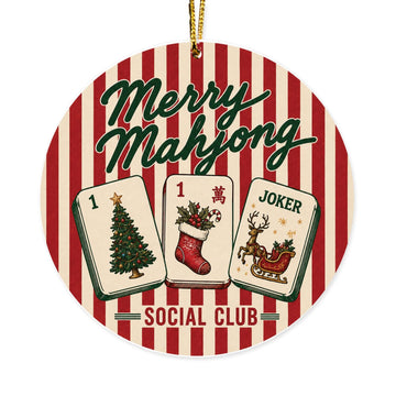 Round acrylic ornament with red and cream stripes, three mahjong tiles and the words Merry Mahjong Social Club