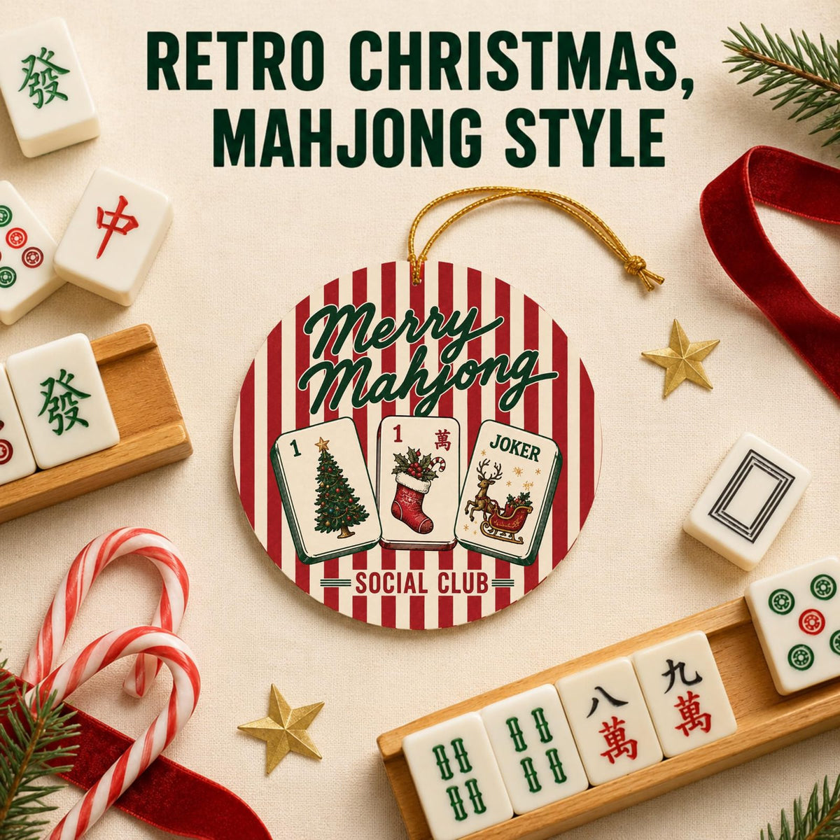 Merry Mahjong Social Club Ornament, Retro Red Stripe Acrylic Keepsake, view 4