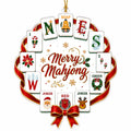 Wreath-shaped acrylic ornament with mahjong wind tiles, Santa and reindeer jokers and a red bow around the words Merry Mahjong