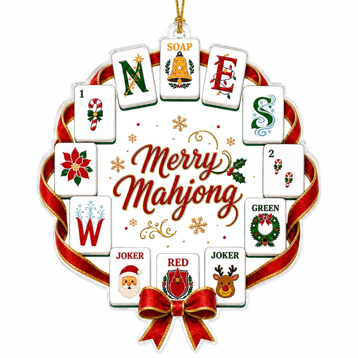 Wreath-shaped acrylic ornament with mahjong wind tiles, Santa and reindeer jokers and a red bow around the words Merry Mahjong