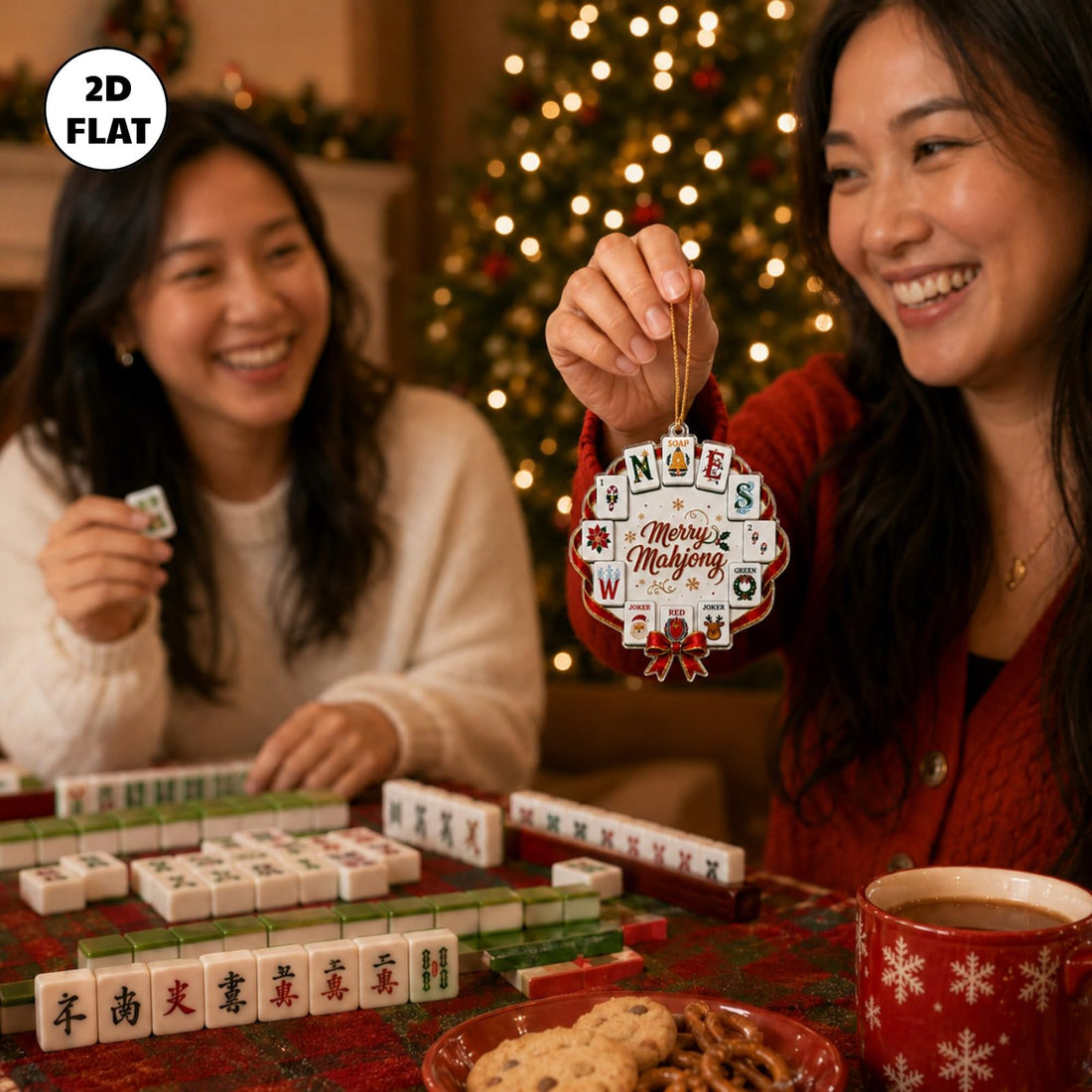 Wreath-shaped acrylic ornament with mahjong wind tiles, Santa and reindeer jokers and a red bow around the words Merry Mahjong
