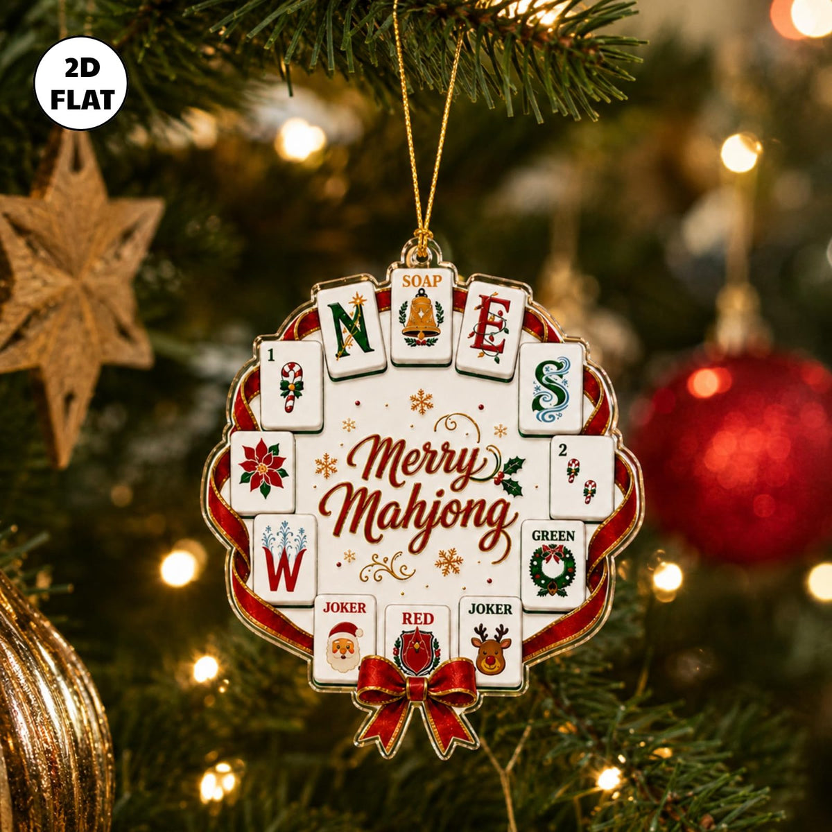 Merry Mahjong Wreath Christmas Ornament, Clear Acrylic Keepsake, view 3