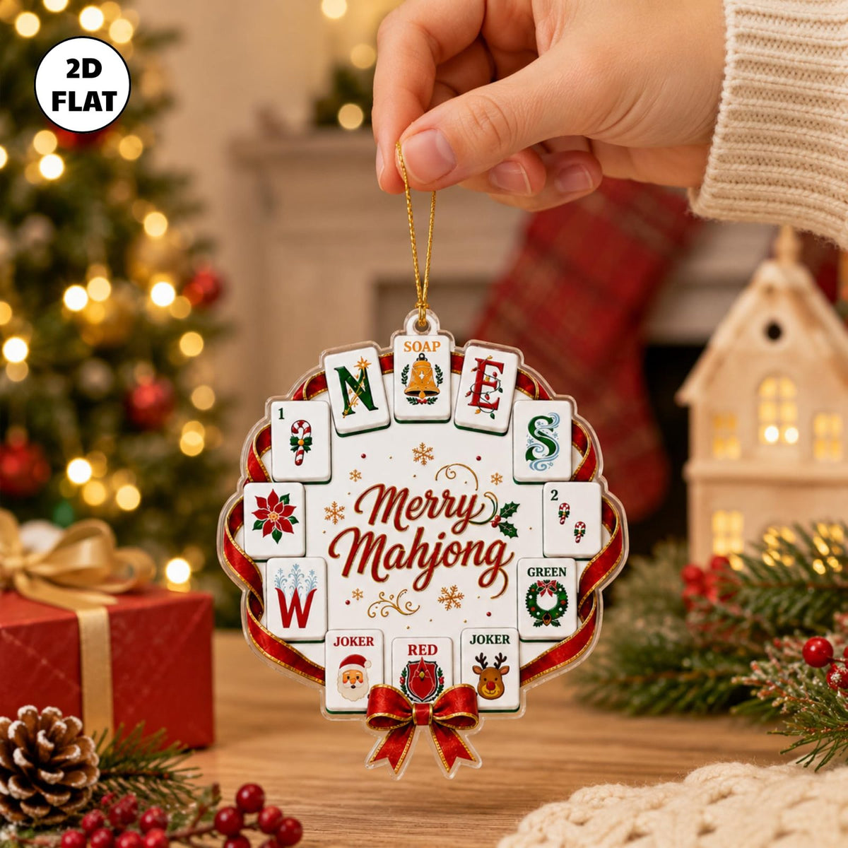 Merry Mahjong Wreath Christmas Ornament, Clear Acrylic Keepsake, view 4