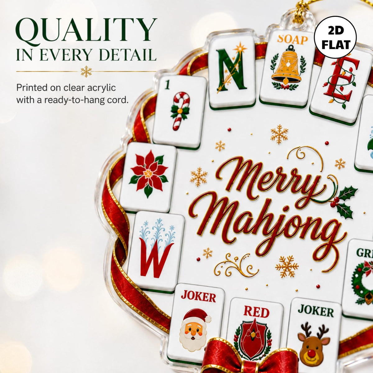 Merry Mahjong Wreath Christmas Ornament, Clear Acrylic Keepsake, view 7