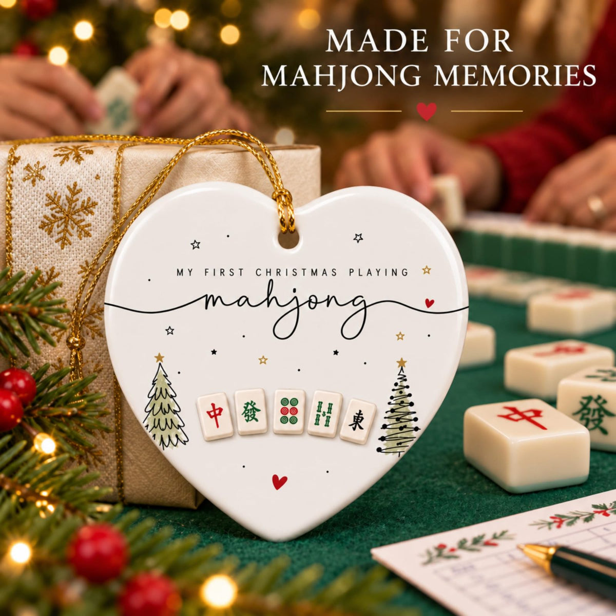 My First Christmas Playing Mahjong Heart Ornament, Ceramic Keepsake, view 4