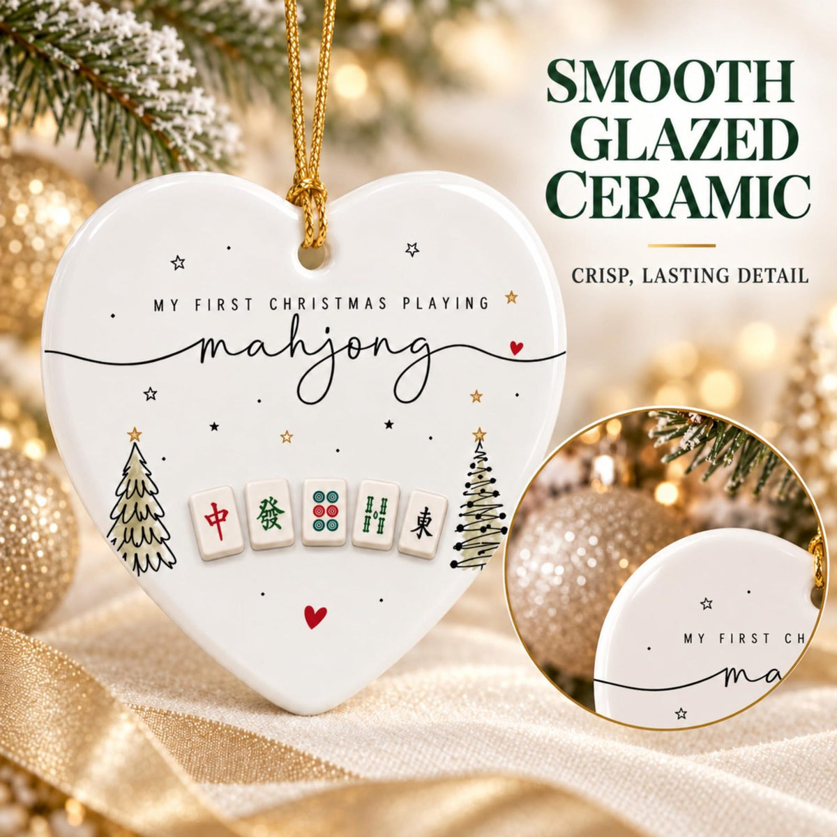 My First Christmas Playing Mahjong Heart Ornament, Ceramic Keepsake, view 5