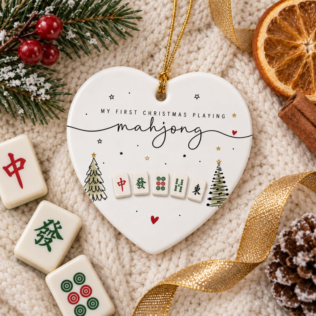 My First Christmas Playing Mahjong Heart Ornament, Ceramic Keepsake, view 7