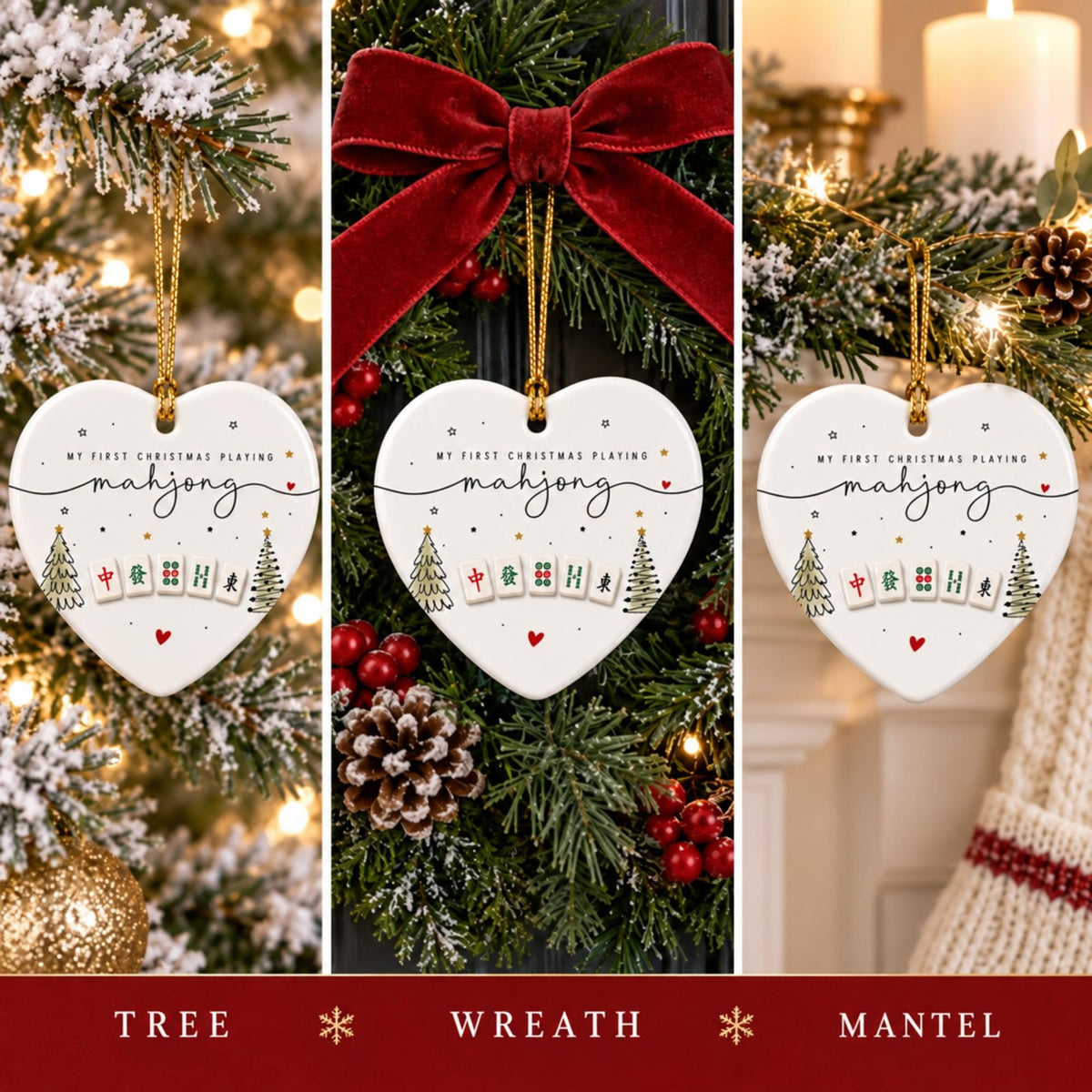 My First Christmas Playing Mahjong Heart Ornament, Ceramic Keepsake, view 8