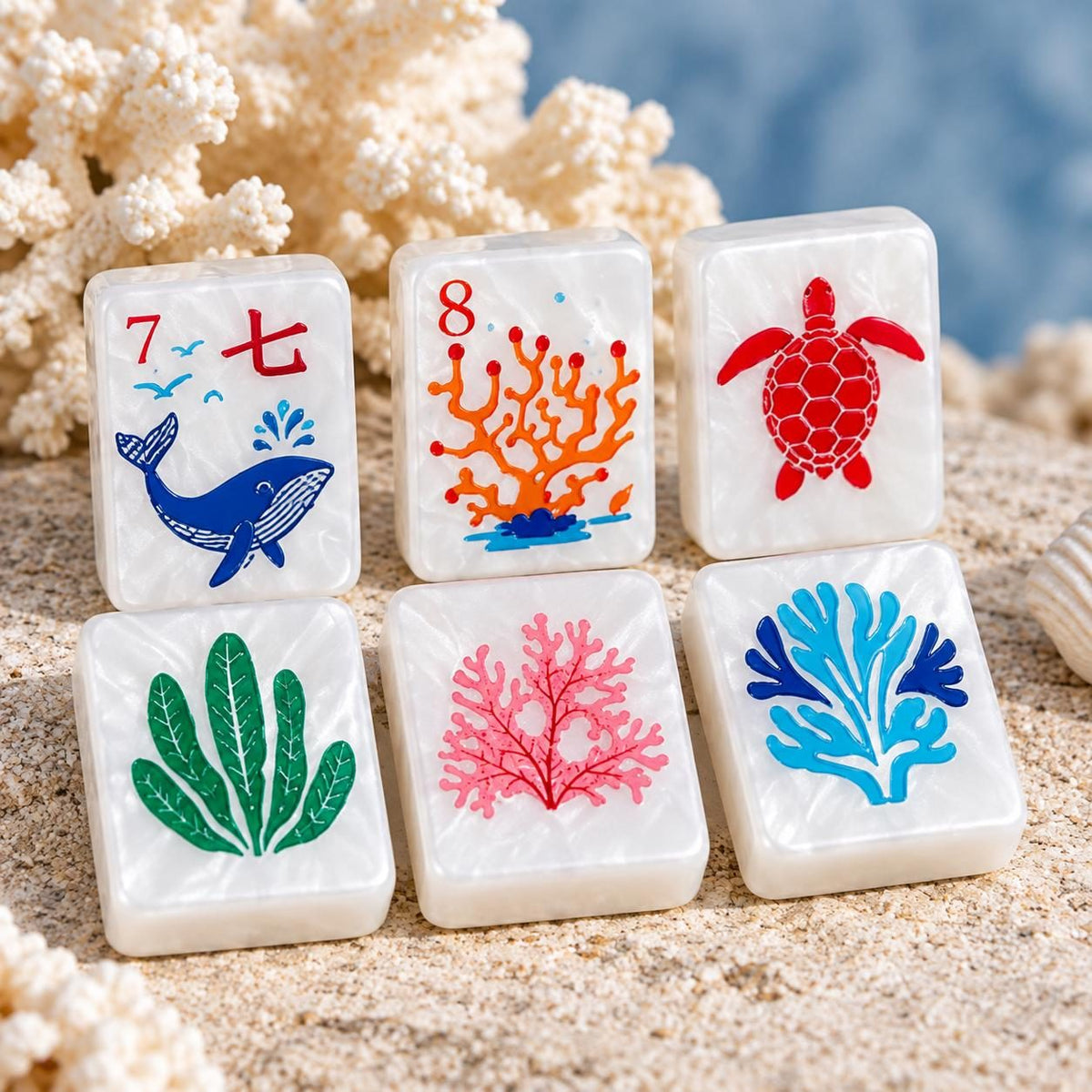 Ocean Coral and Sea Turtle American Mahjong Set, 152 Pearl Tiles, coral, whale and turtle tiles on sand