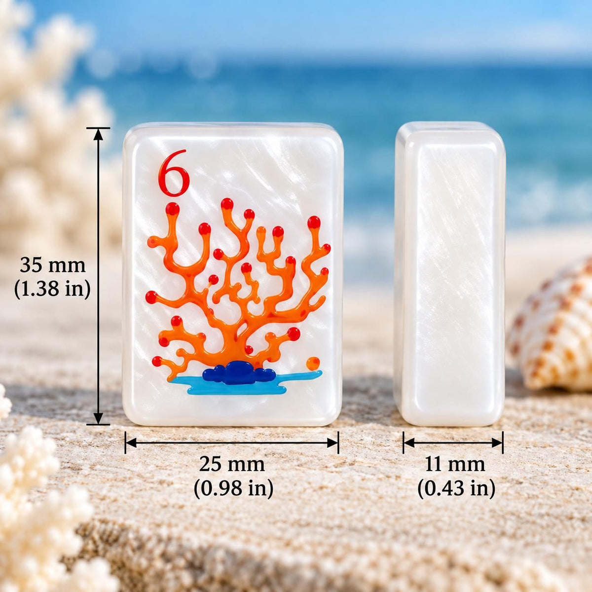 Ocean Coral and Sea Turtle American Mahjong Set, 152 Pearl Tiles, tile size guide with a coral tile