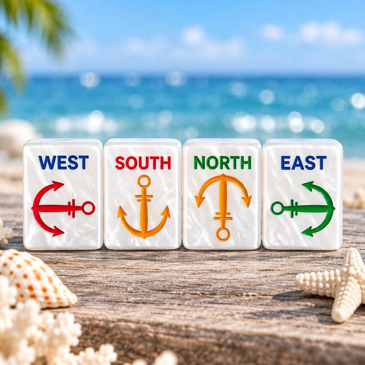 Ocean Coral and Sea Turtle American Mahjong Set, 152 Pearl Tiles, wind tiles with anchors on a beach