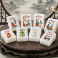 Oriental Crane and Dragon American Mahjong Set, 152 Pearl Tiles, joker, dragon and wind tiles on a dark stand
