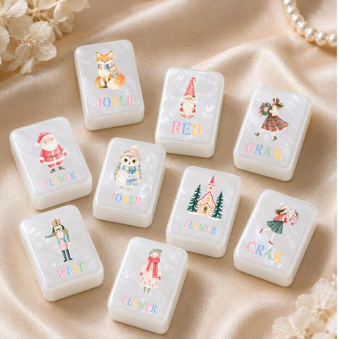 Pastel Nutcracker Christmas American Mahjong Set, 152 Pearl Tiles, pink ornament, tree and flower tiles on satin