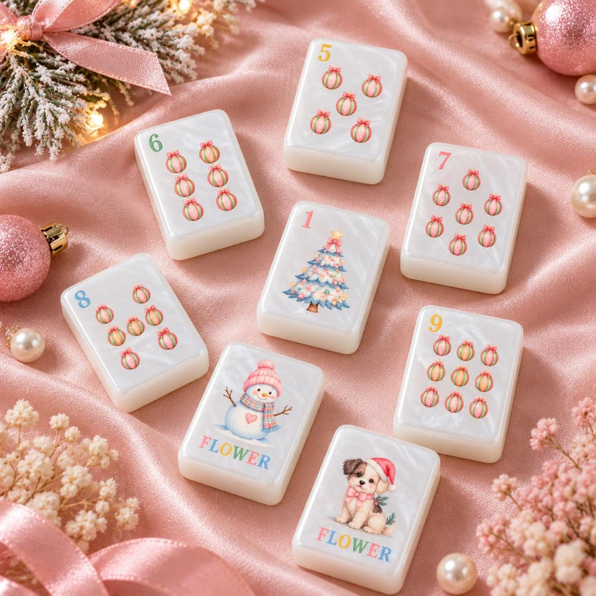 Pastel Nutcracker Christmas American Mahjong Set, 152 Pearl Tiles, ornament, tree and snowman tiles on pink satin