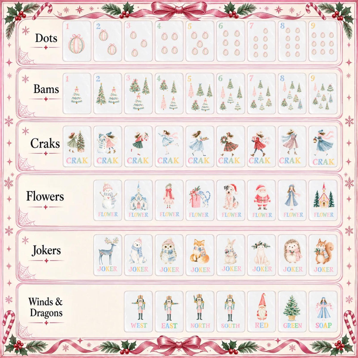Pastel Nutcracker Christmas American Mahjong Set, 152 Pearl Tiles, full tile layout