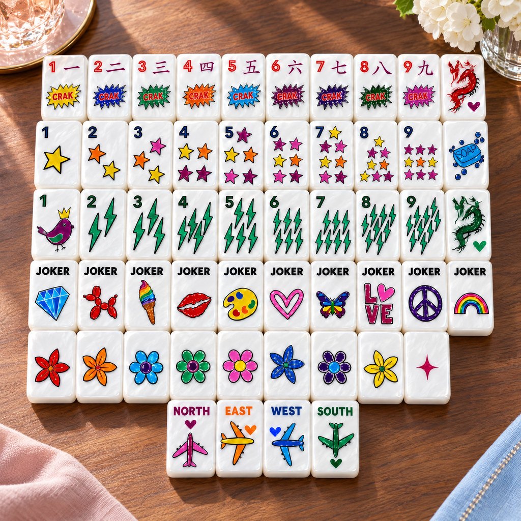 Pop Art American Mahjong Set, 152 Pearl Acrylic Tiles, full set laid out on a walnut table