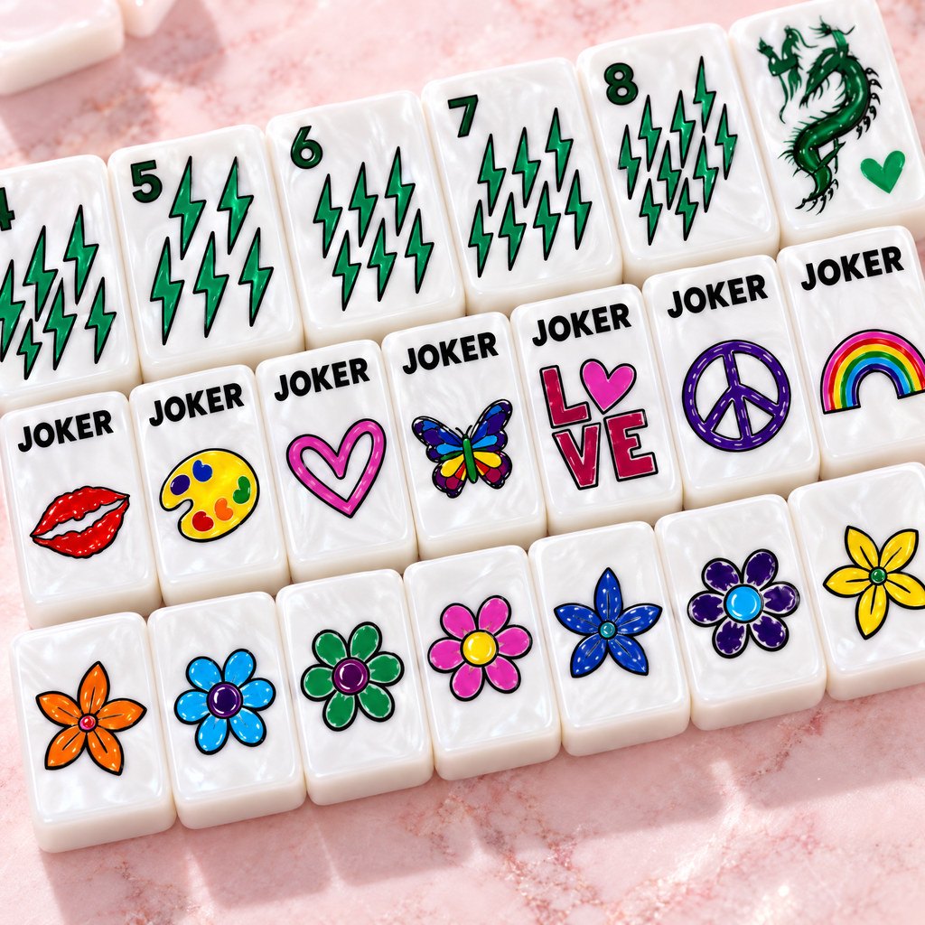 Pop Art American Mahjong Set, 152 Pearl Acrylic Tiles, full set laid out on a walnut table