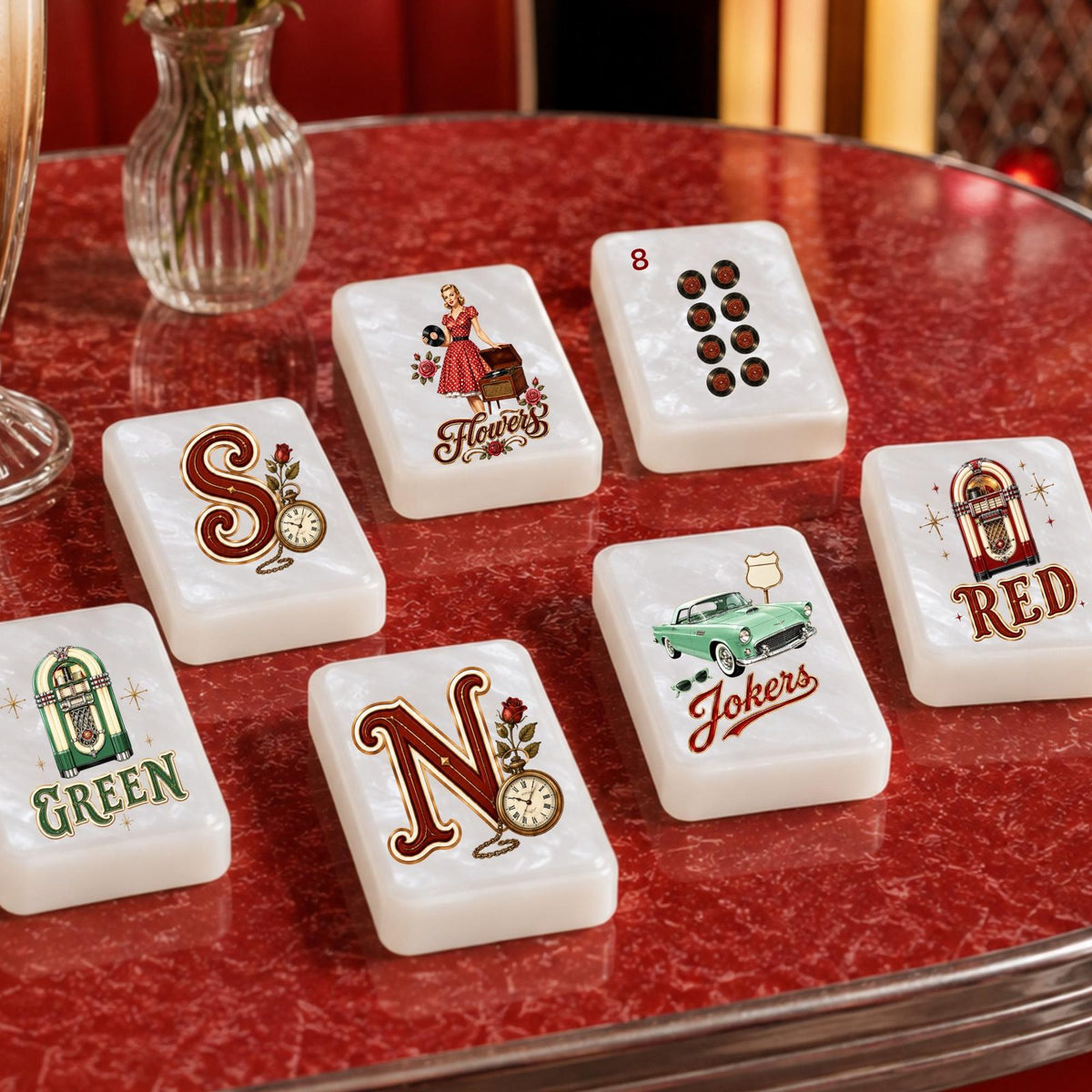 Retro Pin-Up Diner American Mahjong Set, 152 Pearl Acrylic Tiles, diner tiles on a red table