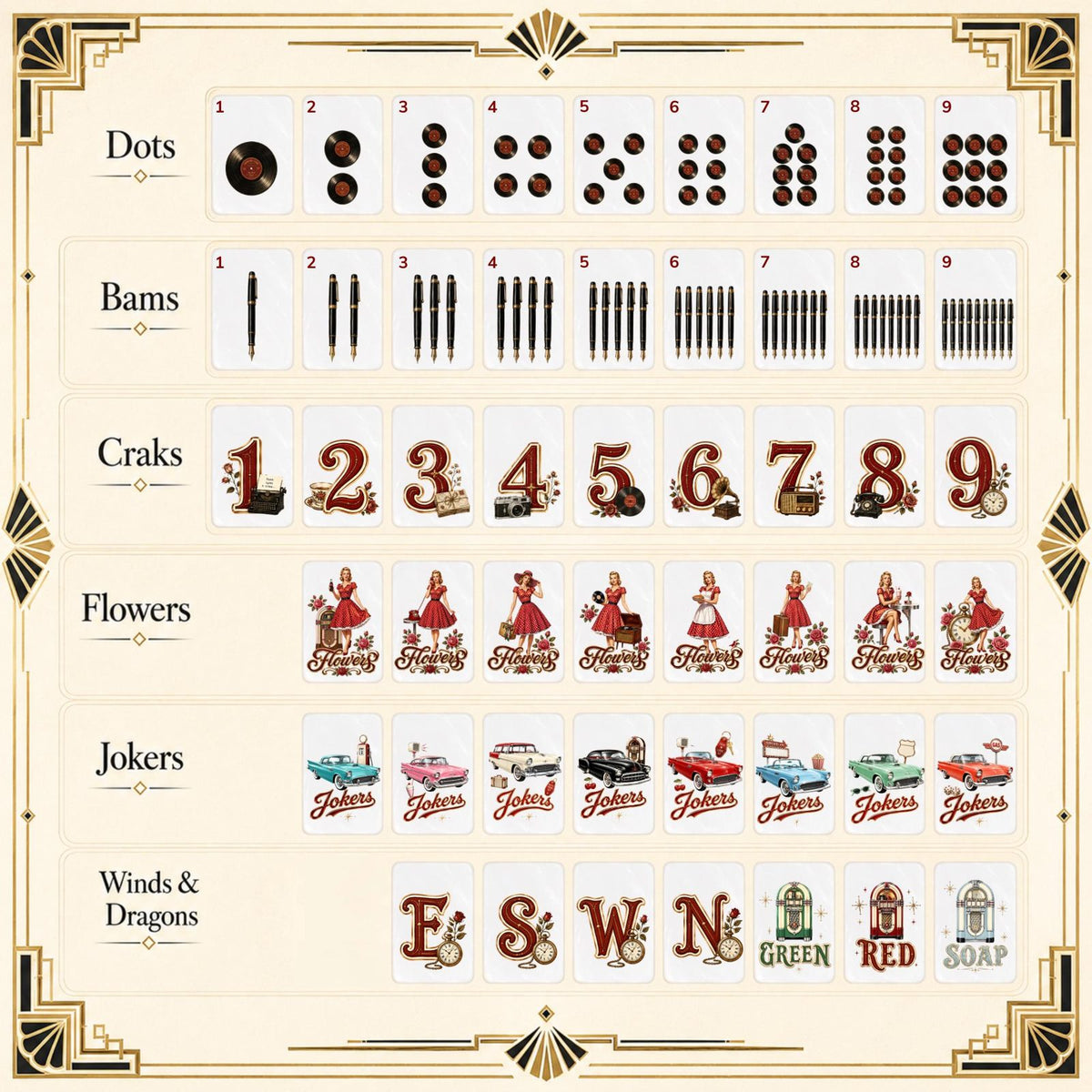 Retro Pin-Up Diner American Mahjong Set, 152 Pearl Acrylic Tiles, full tile layout
