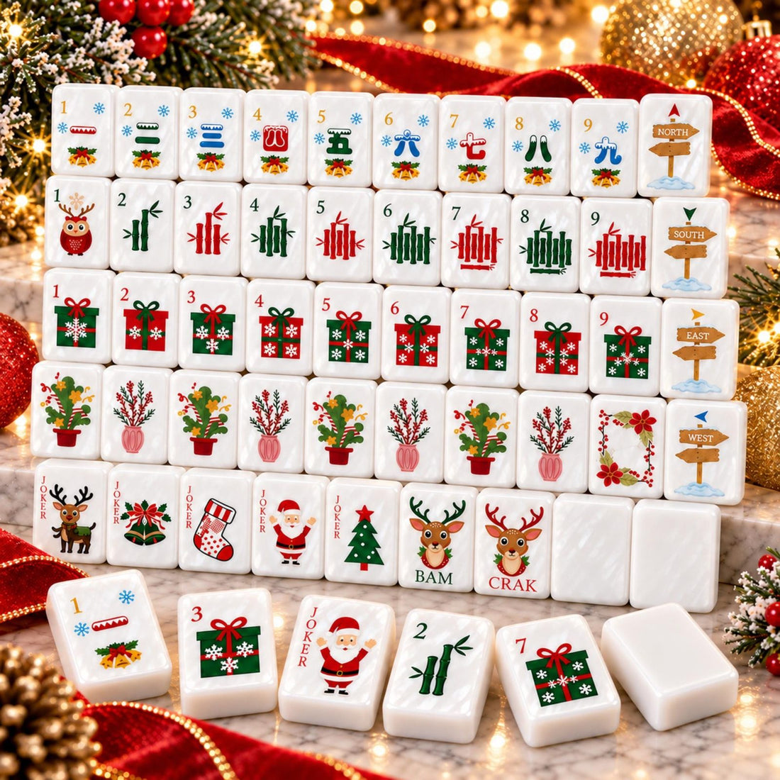 Santa and Reindeer Christmas American Mahjong Set, 152 Pearl Tiles, full tile layout with Christmas decorations
