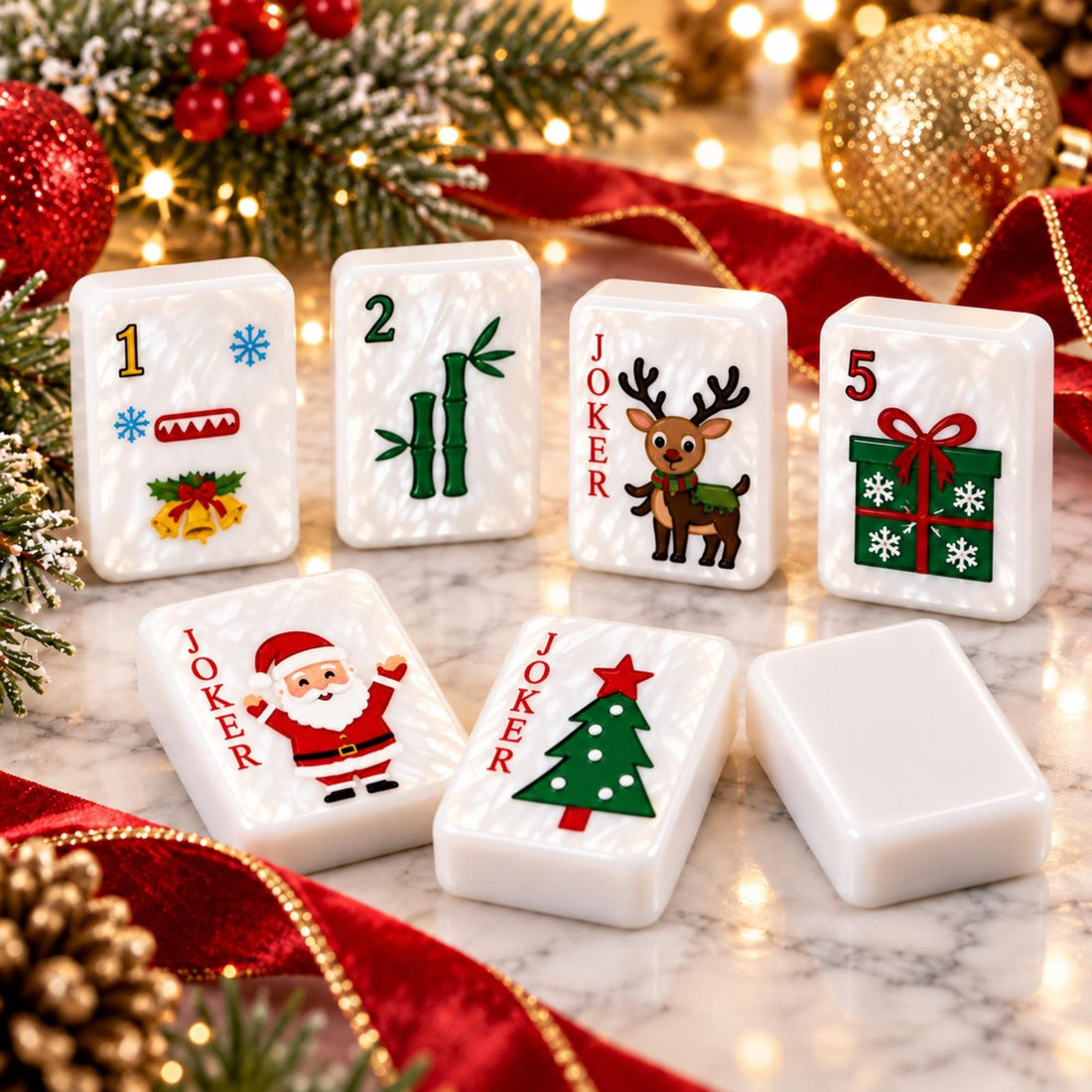 Santa and Reindeer Christmas American Mahjong Set, 152 Pearl Tiles, full tile layout with Christmas decorations