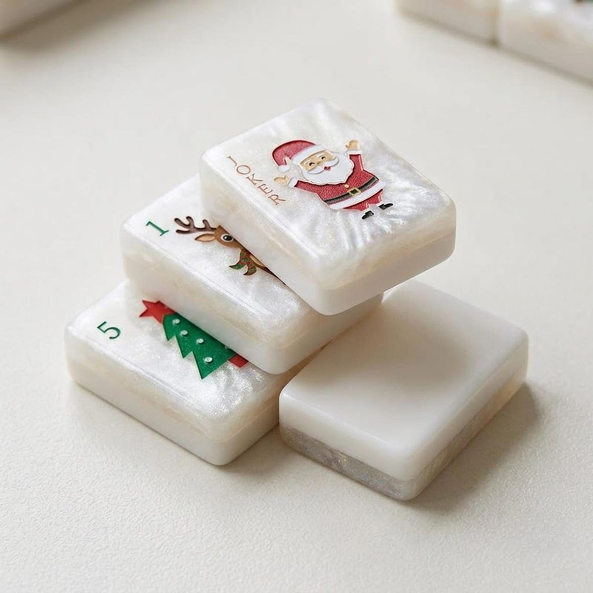 Santa and Reindeer Christmas American Mahjong Set, 152 Pearl Tiles, stacked tiles with Santa and a tree