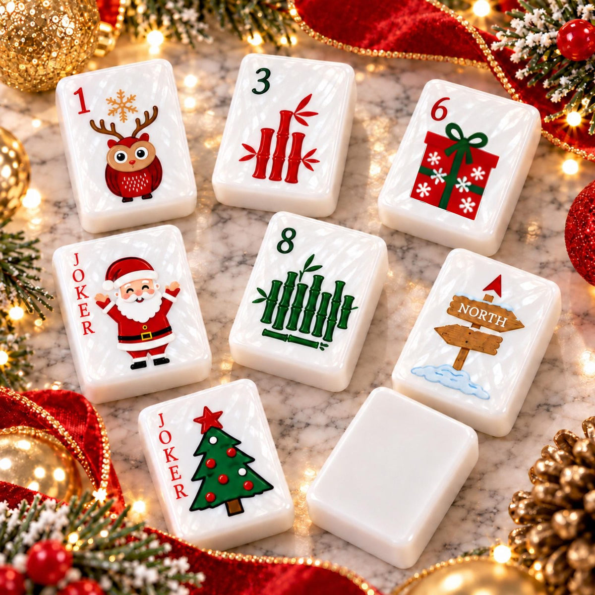 Santa and Reindeer Christmas American Mahjong Set, 152 Pearl Tiles, tiles with a reindeer, gifts and a Santa joker
