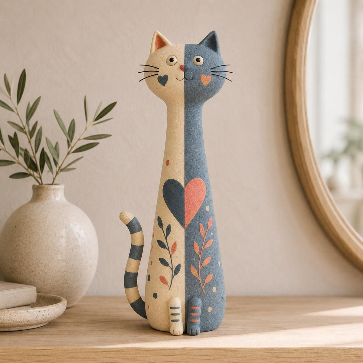 Split-Color Long-Neck Cat with Heart and Leaves, styled in a home setting