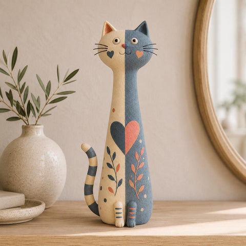 Split-Color Long-Neck Cat with Heart and Leaves