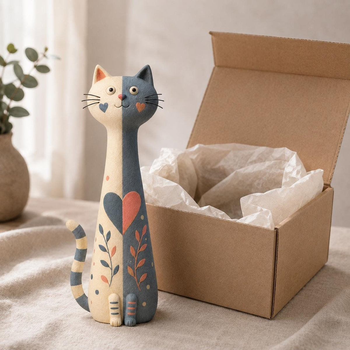 Split-Color Long-Neck Cat with Heart and Leaves, in its gift box