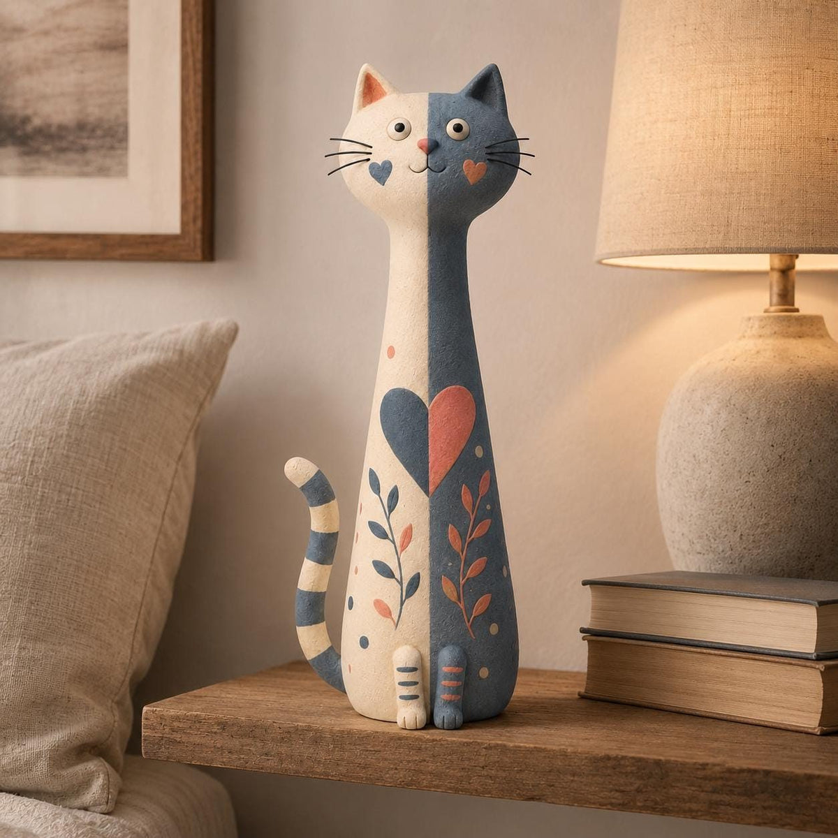 Split-Color Long-Neck Cat with Heart and Leaves, styled in a home setting (view 2)