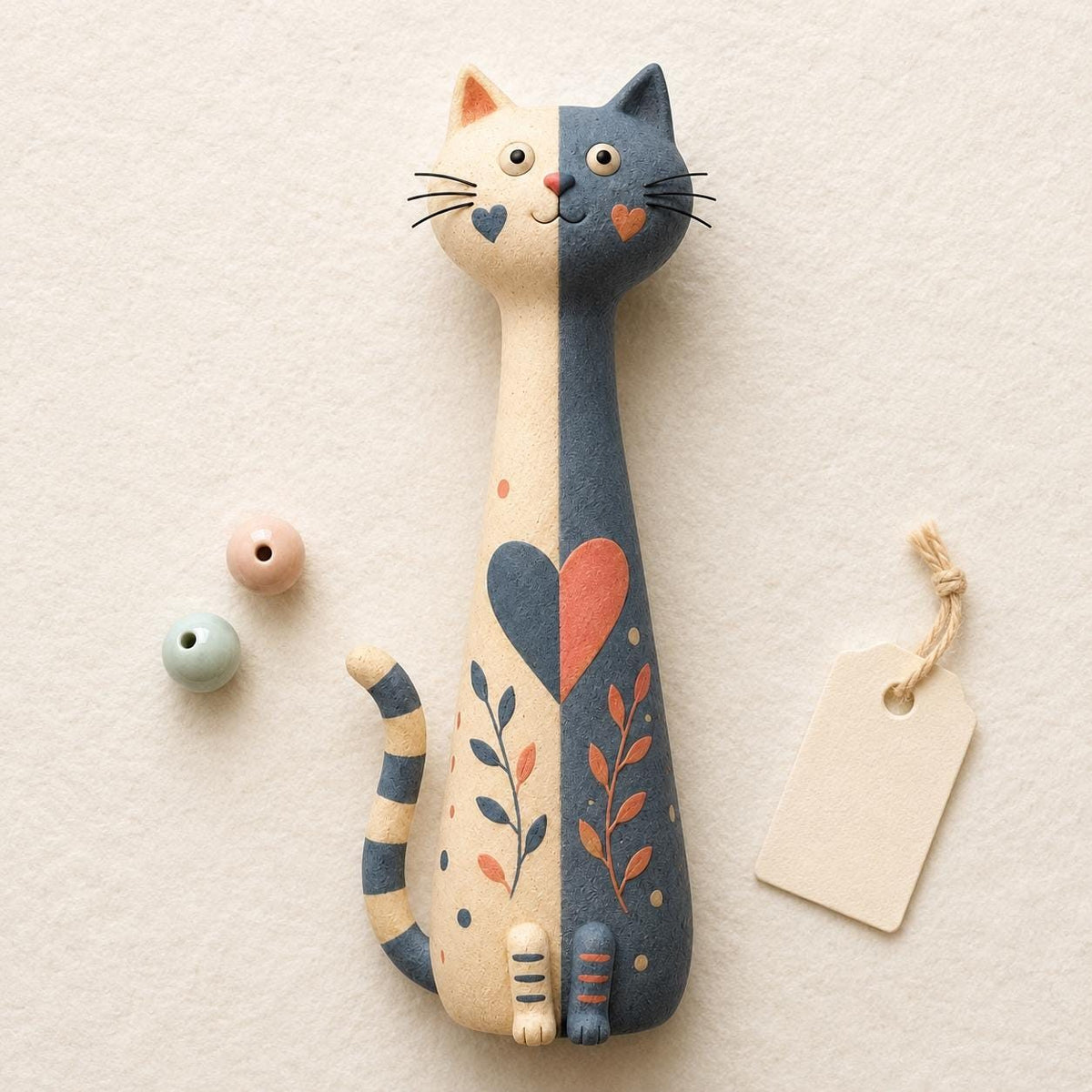 Split-Color Long-Neck Cat with Heart and Leaves, flat lay