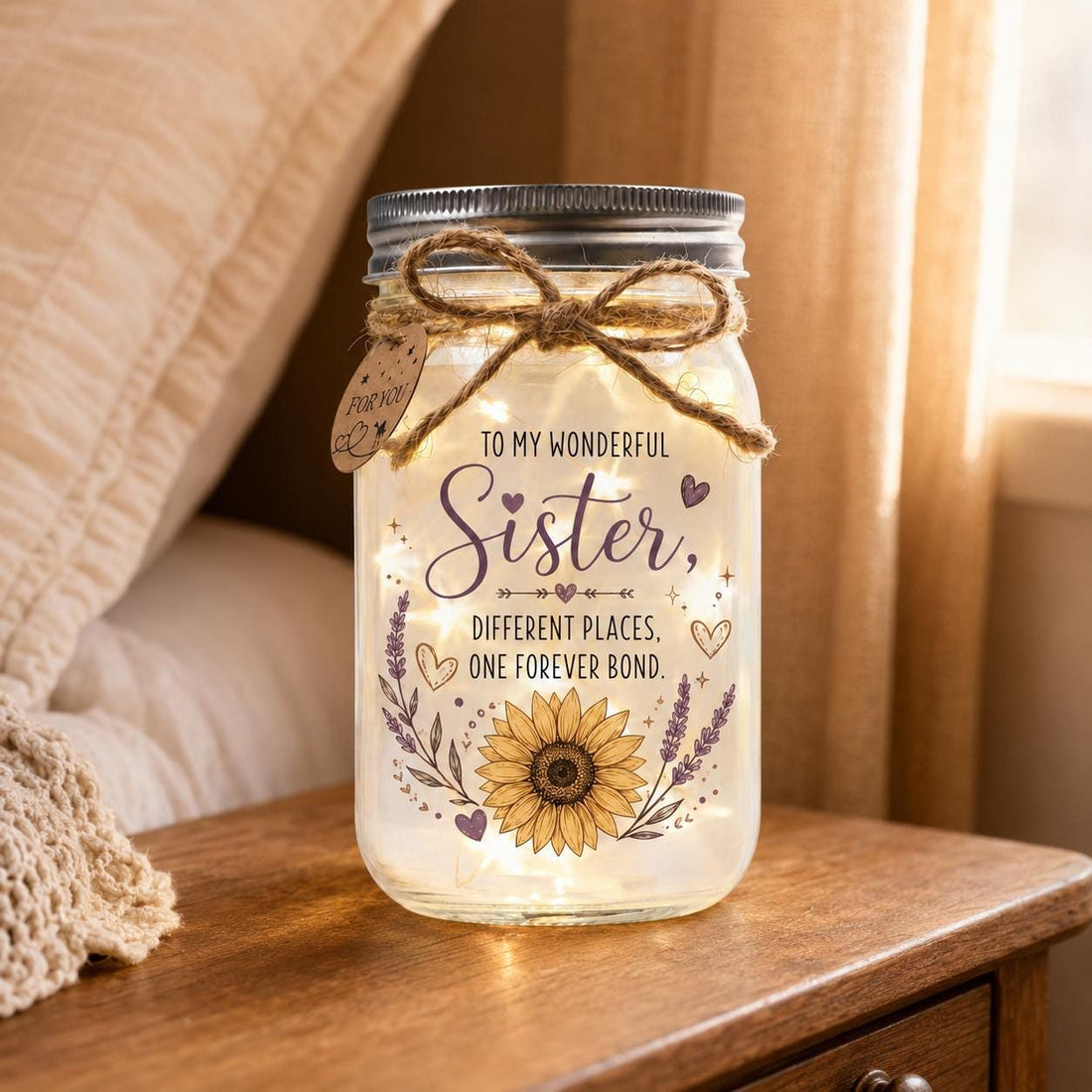 Sunflower Sister Long-Distance Jar Light, styled in a home setting
