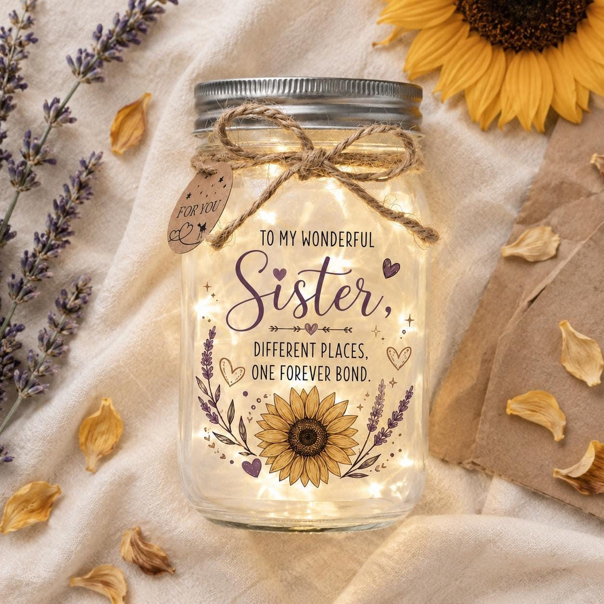 Sunflower Sister Long-Distance Jar Light, styled in a home setting (view 2)