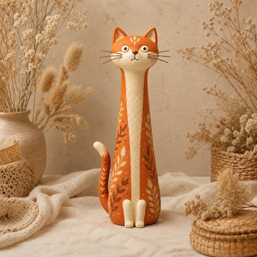 Terracotta Botanical Long-Neck Cat Figurine, styled in a home setting