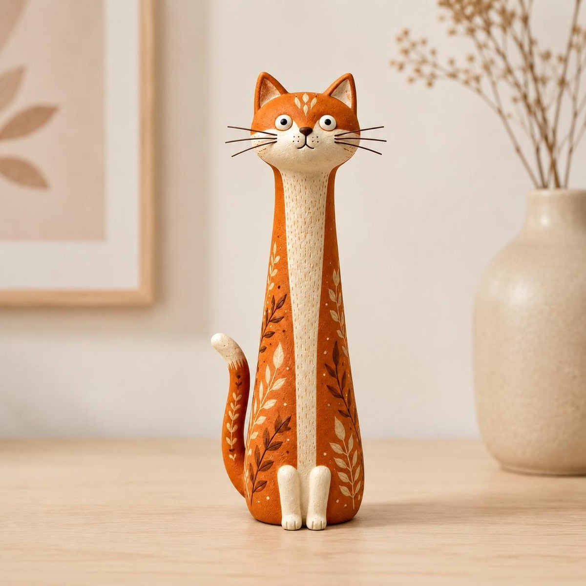 Terracotta Botanical Long-Neck Cat Figurine, on a plain background