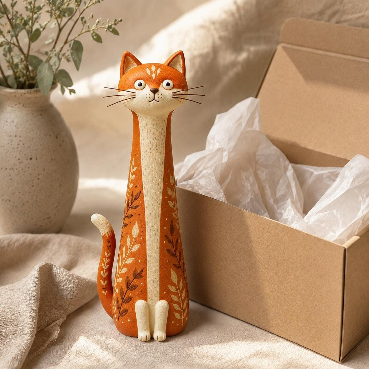 Terracotta Botanical Long-Neck Cat Figurine, in its gift box