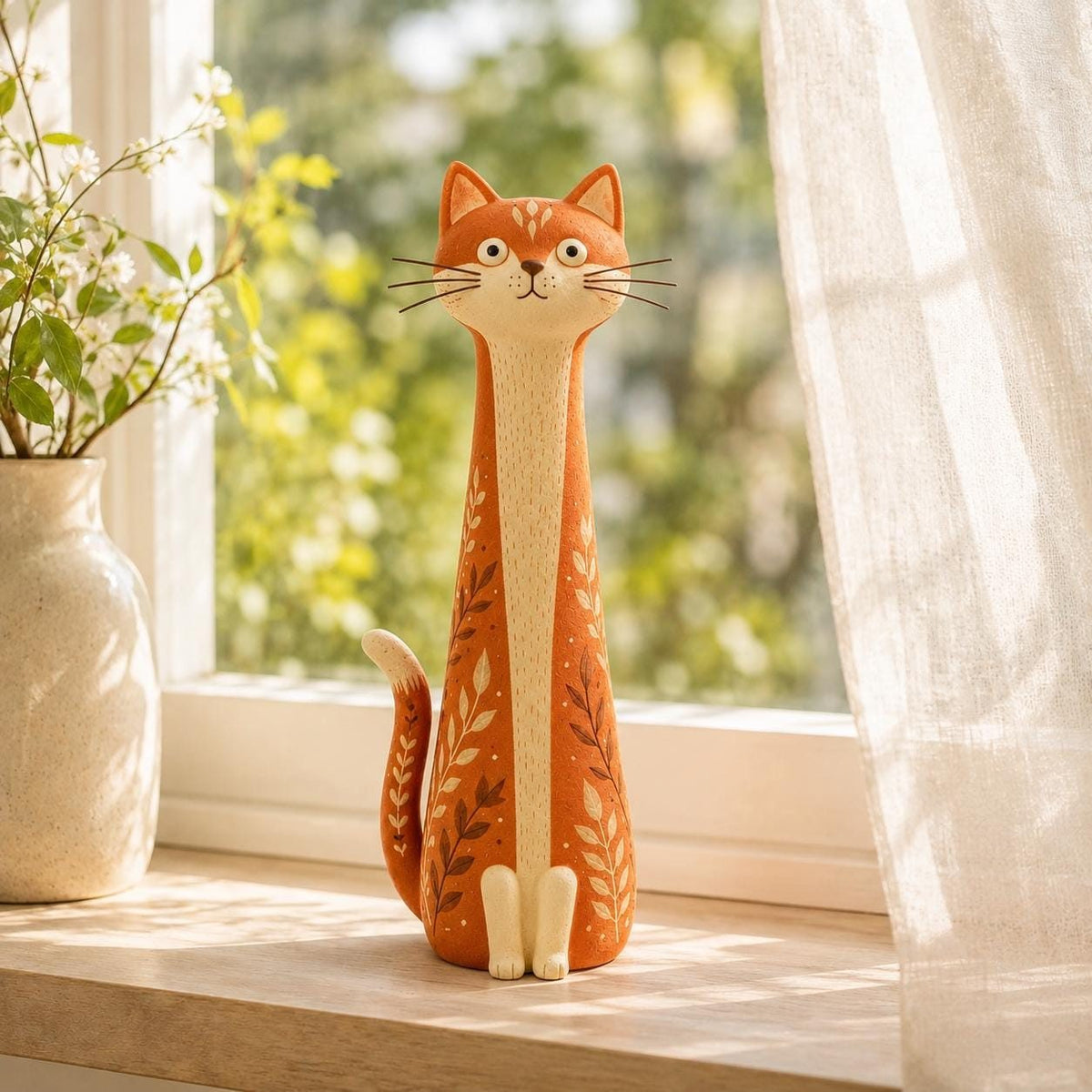 Terracotta Botanical Long-Neck Cat Figurine, styled in a home setting (view 2)