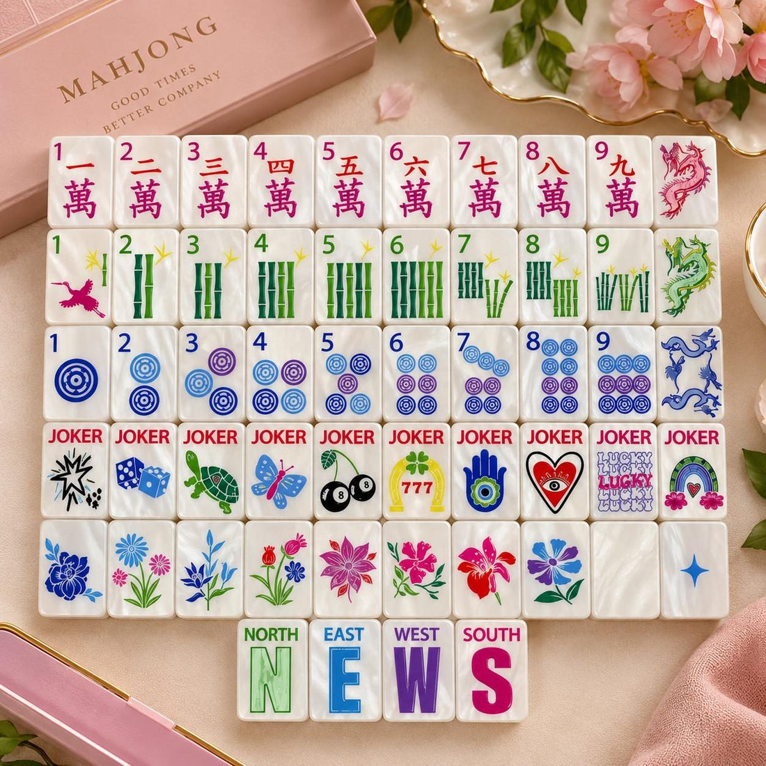 Vintage Chinese-Style American Mahjong Set, 152 Tiles, full tile layout