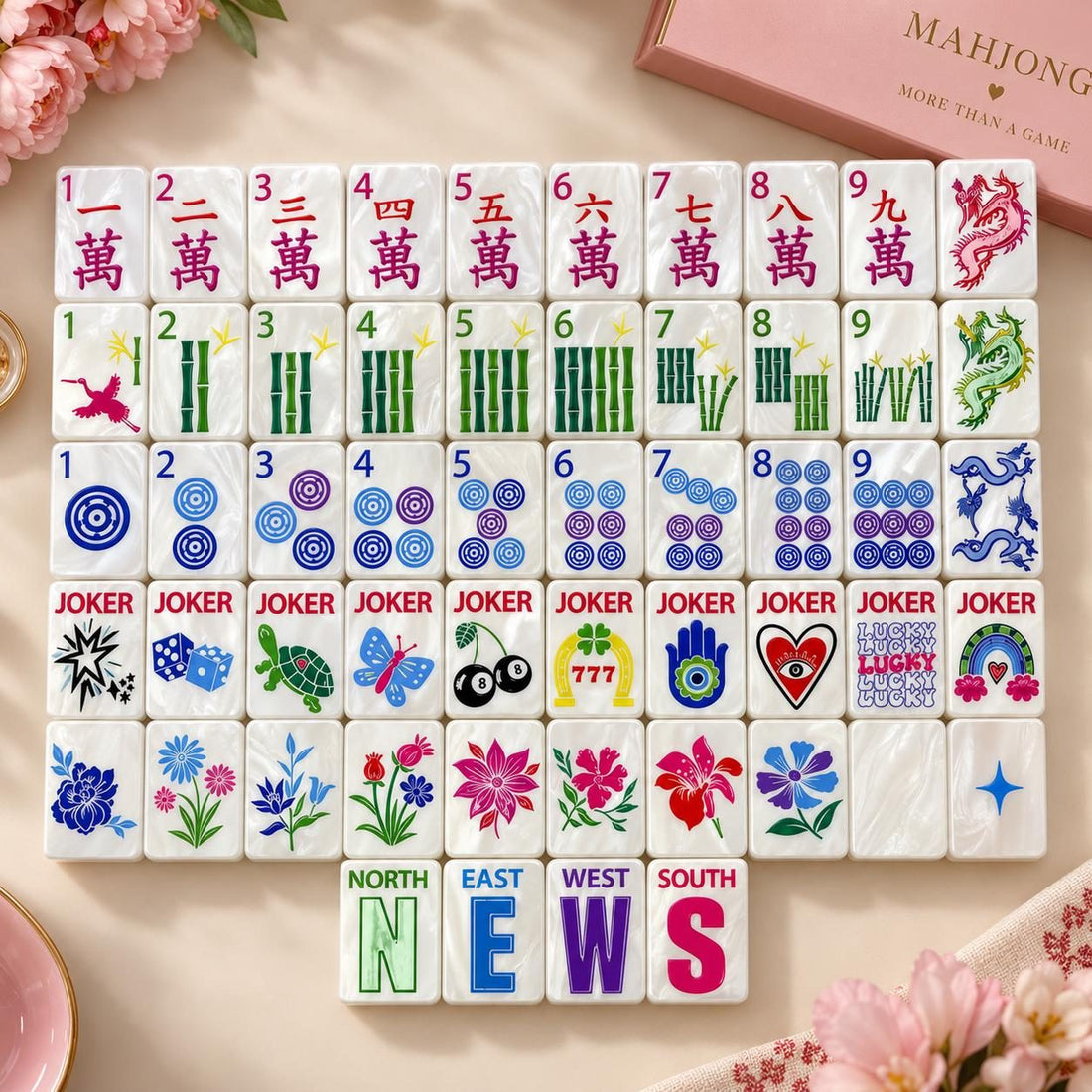 Vintage Chinese-Style American Mahjong Set, 152 Tiles, full tile layout