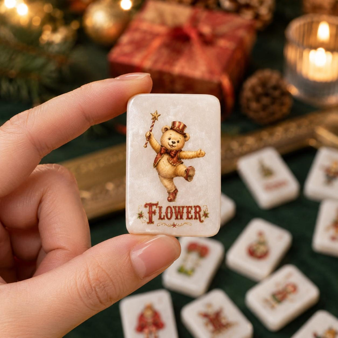 Vintage Holiday Circus Christmas Mahjong Set, 152 Tiles, styled in a home setting