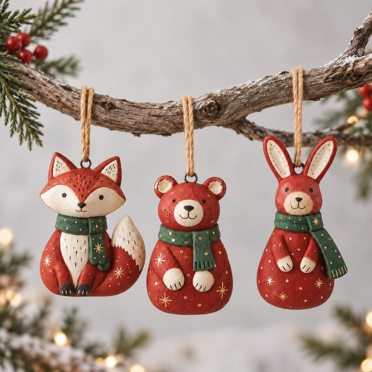 Woodland Animal Christmas Ornaments: Fox, Bear or Bunny, all three animals together